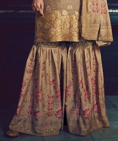 Camel Beige Designer Embroidered Silk Wedding Gharara Suit-Saira's Boutique Sharara With Intricate Embroidery For Reception, Intricate Embroidered Semi-stitched Sharara With Straight Kurta, Semi-stitched Sharara With Intricate Embroidery And Straight Kurta, Embroidered Art Silk Palazzo Set For Wedding, Festive Brocade Sharara With Resham Embroidery, Wedding Brocade Palazzo Set With Zari Work, Designer Wear Embroidered Floor-length Sharara, Brocade Sharara With Zari Work For Reception, Unstitched Embroidered Sharara For Reception