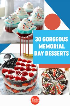 the cover of 30 gorgeous memorial day desserts, including cupcakes and cake