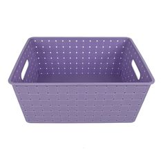 a purple plastic basket with holes on the front and sides, sitting against a white background