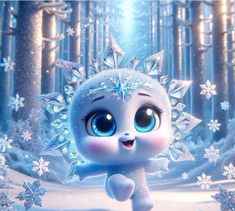 a cartoon character with blue eyes and snowflakes on her head in the woods