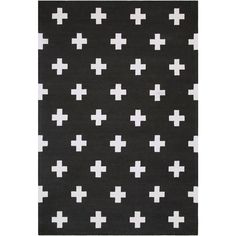 a black rug with white crosses on the front and back of it, in an allover pattern