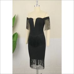 Be the center of attention in this Off Shoulder Tassels Decor Midi Dress that has all the features of luxury. Exquisitely crafted from a lightweight and airy fabric, this dress features an off-shoulder neckline with a cascade of tassels that define the shape and frame your figure. Its midi length is perfect for a night out or a casual event. Showcase your unique style and elegance with this remarkable dress. Decoration Tassel Length Mid-Calf Style Sexy & Club Fabric Type Blended fabrics Material Polyester , Spandex , Lanon Neckline Off the Shoulder Pattern Type Solid Silhouette Sheath Sleeve Length Sleeveless Season Summer Fabric Slight Stretch Glamorous Summer Dresses With Tassels, Evening Dresses With Tassels For Party Season, Elegant Mini Dress With Tassels For Party Season, Elegant Tassel Mini Dress For Party Season, Off Shoulder Midi Dress For Summer Evenings, Summer Off Shoulder Midi Evening Dress, Summer Off Shoulder Midi Dress For Evening, Chic Dresses With Tassels For Party Season, Chic Party Season Dress With Tassels