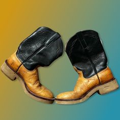 Anderson Bean Company Evergreen & Yellow Cork Sole Boots These Are Leather And Have Really Pretty Detailing 7.5 Fit True To Size. Not For Wide Feet. Vintage Cowboy Boots, Shoes Vintage, Vintage Cowboy, Vintage Shoes, Green Yellow, Cowboy Boots, Bootie Boots, Cork, Cowboy