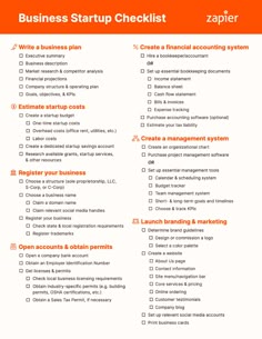 the business start up checklist is shown in red and white, with orange accents