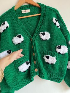 Trendy Handmade Knit Sweater, Cute Hand-knitted Winter Sweater, Cute Hand Knitted Winter Sweater, Green Wool Cardigan For Spring, Cute Chunky Knit Cardigan, Trendy Handmade Knit Cardigan, Cute Fall Sweater With Knitting Details, Handmade Cozy Knit Sweater Coat, Cute Handmade Knit Sweater