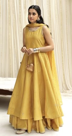 Yellow Anarkali Dress, Farewell Dresses, Yellow Anarkali, Haldi Outfits, Trendy Outfits Indian, Anarkali Dress Pattern, Desi Wear, Lawn Suit, Traditional Indian Dress