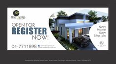 an advertisement for a new home being built in the suburbs, with two cars parked outside