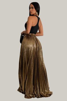 Indulge in luxury with our Artistic Allure Metallic High Slit Skirt. With its pleated design and thigh-high split, this A-line style exudes elegance and sophistication. Its natural waistline and long length create a flattering silhouette, while the medium stretch knitted fabric provides comfort and versatility. Perfect for any party or special occasion, this skirt is a must-have for those who appreciate high-end fashion. 95% Polyester, 5% Elastane Model is wearing size small Please allow 3-5 bus Gold Pleated Skirt, Bandage Jumpsuits, Gold Skirt, Black Hot Pink, Plus Size Jumpsuit, Plus Size Shopping, Fashion Items, Christmas 2024, High End Fashion