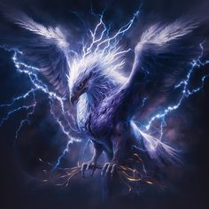 a bird with lightning in the background and it's wings spread out, as if to be an eagle