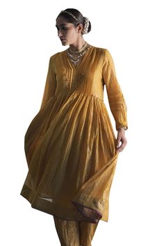 Yellow handwoven pleated anarkali with handblock foil print and beadwork. - Aza Fashions Yellow Kurta, Women Kurta, Beaded Neckline, Foil Print, Anarkali, Aza Fashion, Three Quarter, Bead Work, Types Of Sleeves