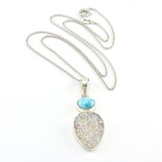 Sterling Silver Larimar Druzy Agate Necklace Larimar Necklace, Larimar Pendant, Opal Color, Agate Necklace, Cable Chain