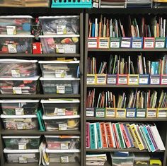 a bookcase filled with lots of books and plastic bins full of different colored books