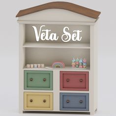 a toy book shelf with drawers and letters on it that spell out the word, veda set