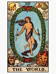 a tarot card with an image of a woman holding two swords and the words, the world