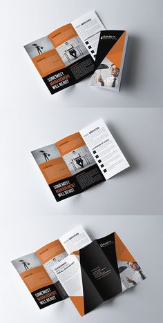 three fold brochure with orange and black accents