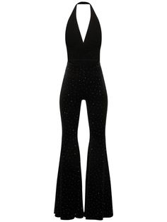 Back self-tie closures. Open back. All over pattern placement may vary. Model is wearing a size34 Velvet Jumpsuit, All Over Pattern, Alexandre Vauthier, Flat Espadrilles, Jeans Jumpsuit, Shearling Jacket, Ski Wear, Black Jumpsuit, Swimwear Tops