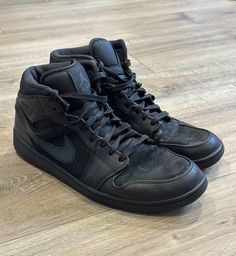 Great condition! Fast shipping! Urban Mid-top Leather Jordan Shoes, Mid-top Leather Jordan Shoes, Leather Mid-top Jordan Shoes, Black Basketball Shoes, Nike Air Jordan 1 Mid, Neck Hoodie, Nike Air Jordan 1, Triple Black, Air Jordan 1 Mid