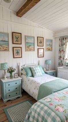 Coast Chic Bedrooms Cozy Beach Cottage Bedroom, Coastal Grandmother Aesthetic Room, Countryside Bedroom Aesthetic, Light Turquoise Bedroom, She Shed Furniture, Hipped Roof House, Aqua Bedroom Ideas, Beach Cottage Style Bedroom, Coastal Farmhouse Bedroom Ideas