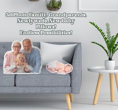 a couch with two pillows on top of it and an image of the same family