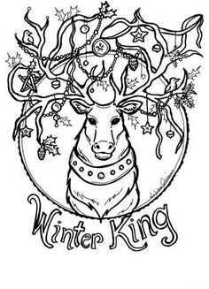 a black and white drawing of a deer with christmas decorations on it's head