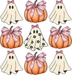 halloween pumpkins with ghost faces and pink bows