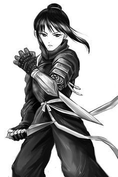 a drawing of a woman holding two swords