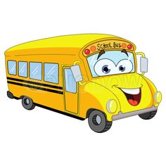 a yellow school bus cartoon character smiling