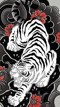 a drawing of a white tiger with red flowers on it's head and tail