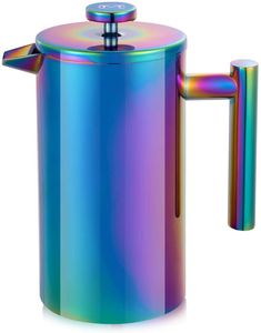 a multicolored coffee pot with a handle