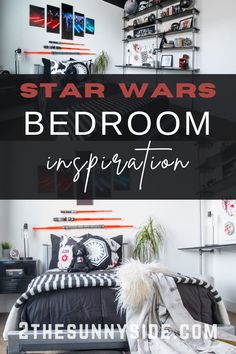 star wars bedroom with text overlaying the image and below that reads, star wars bedroom inspiration