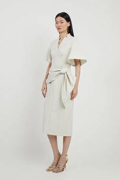 Tailored Metallic Angel Sleeved Midi Pencil Dress | Karen Millen Fitted Knee-length Midi Dress With Draped Sleeves, Belted Midi Dress For Office Wear, V-neck Belted Midi Dress For Office, Chic Spring Wrap Dress With Kimono Sleeves, Chic Wrap Dress With Kimono Sleeves For Spring, Casual Belted Midi Dress For Office Wear, Chic White Belted Dress For Formal Occasions, Chic White Belted Formal Dress, Belted Office Lady Dresses For Office Wear