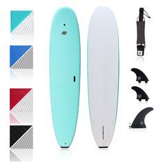 the surfboard is in different colors and sizes