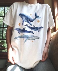 White Casual T-shirt With Moon Print, Sun And Moon Shirt, Ocean Outfits, Ocean Shirt, Grunge Clothing, Whale Shirt, Aesthetic Shirt, Shark Shirt, Shirt Aesthetic