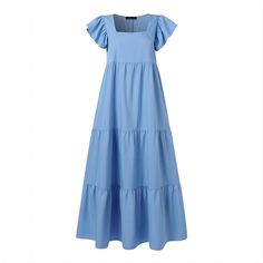 Women's Summer Boho Dress U-Neck Short Sleeve Ruffle Hem Maxi Dress Solid Color Tiered Beach Dresses, Solid Color Tiered Midi Dress For Summer, Square Neck Maxi Dress With Ruffles For Day Out, Solid Color Midi Dress With Ruffles For Beach, Casual Ruffle Sleeve Maxi Dress For Vacation, Casual Ruffle Sleeve Maxi Dress For Day Out, Dresses With Ruffle Hem For Daywear, Casual Ruffle Sleeve Maxi Dress For Summer, Chic Solid Color Tiered Summer Dress