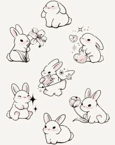 some cute little bunnies with different expressions on their faces and body, all in black and white