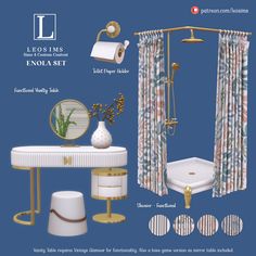 the bathroom is decorated in blue and white with gold accents, including a pedestal sink, toilet