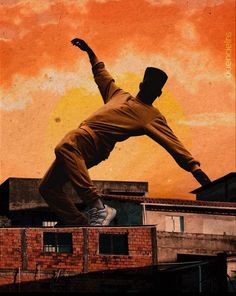 a man doing a skateboard trick on top of a brick building with the sun in the background