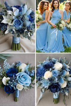 blue and white bridal bouquets for bridesmaids