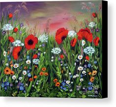 a painting of red, white and blue flowers in a field with purple sky behind