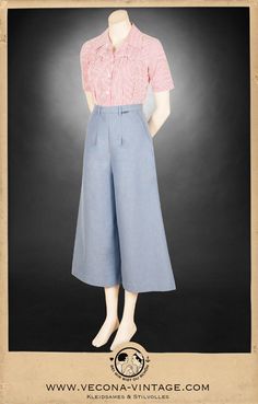 "Here's our maritime highlight for sunny days! The timeless linen culottes with a high waist and and cleverly placed darts emphasize your female curves at its best. Four belt loops hold your favorite belt perfectly at the waist line and two side pockets offer enough room for small change, credit cards and even a cell phone. The flared leg in 3/4 length perfectly highlights your ankles and draws attention to delicate sandals, statement socks or classic derby shoes. The high quality blend linen fa Spring Workwear Bottoms With Wide Hem, Summer Pleated Wide Leg Culottes, Summer Wide Leg Pleated Culottes, High Waist Cotton Culottes For Summer, High Waist Pleated Culottes For Summer, Summer Pleated Skirt With Wide Hem, Vintage Summer Workwear Bottoms, Vintage High-waisted Wide Leg Pants For Summer, Retro Summer Workwear Pants