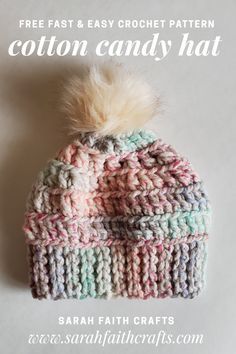 a crocheted hat with a pom - pom on top and text overlay