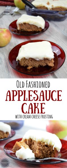 an old fashioned apple sauce cake with cream cheese frosting is on a red plate