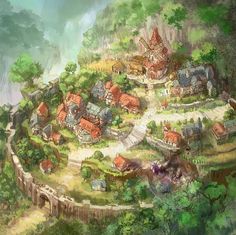 an artist's rendering of a small village in the middle of a green forest