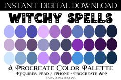 a poster with the words, witch spells and an image of different colors on it