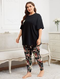 Multicolor Casual  Half Sleeve Polyester Floral Heart Pant Sets  Slight Stretch  Women Plus Sleep & Lounge Plus Size Pajamas, Simple Pakistani Dresses, Pant Sets, Floral Heart, Floral Leggings, Top Floral, Shein Style, Pj Sets, Trendy Fashion Women