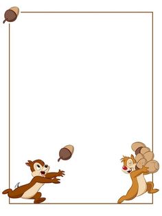 two cartoon animals playing with each other in front of an empty square frame on a white background