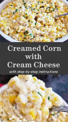 creamy corn with cream cheese in a white bowl