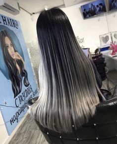 Black And Silver Hair Straight, Grey Low Lights, Black To Silver Ombre Hair, Black Hair Blonde Ends, Black And Blonde Ombre Hair, Hair With White Underneath, Black Hair With White Underneath, Black Hair With Platinum Highlights, Black And Platinum Hair