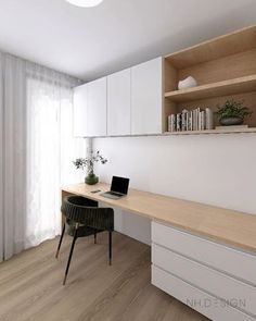 a desk with a laptop computer on top of it next to a book shelf and window