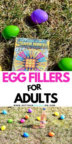 an easter egg filled with colorful eggs in the grass and text overlay reads egg fillers for adults